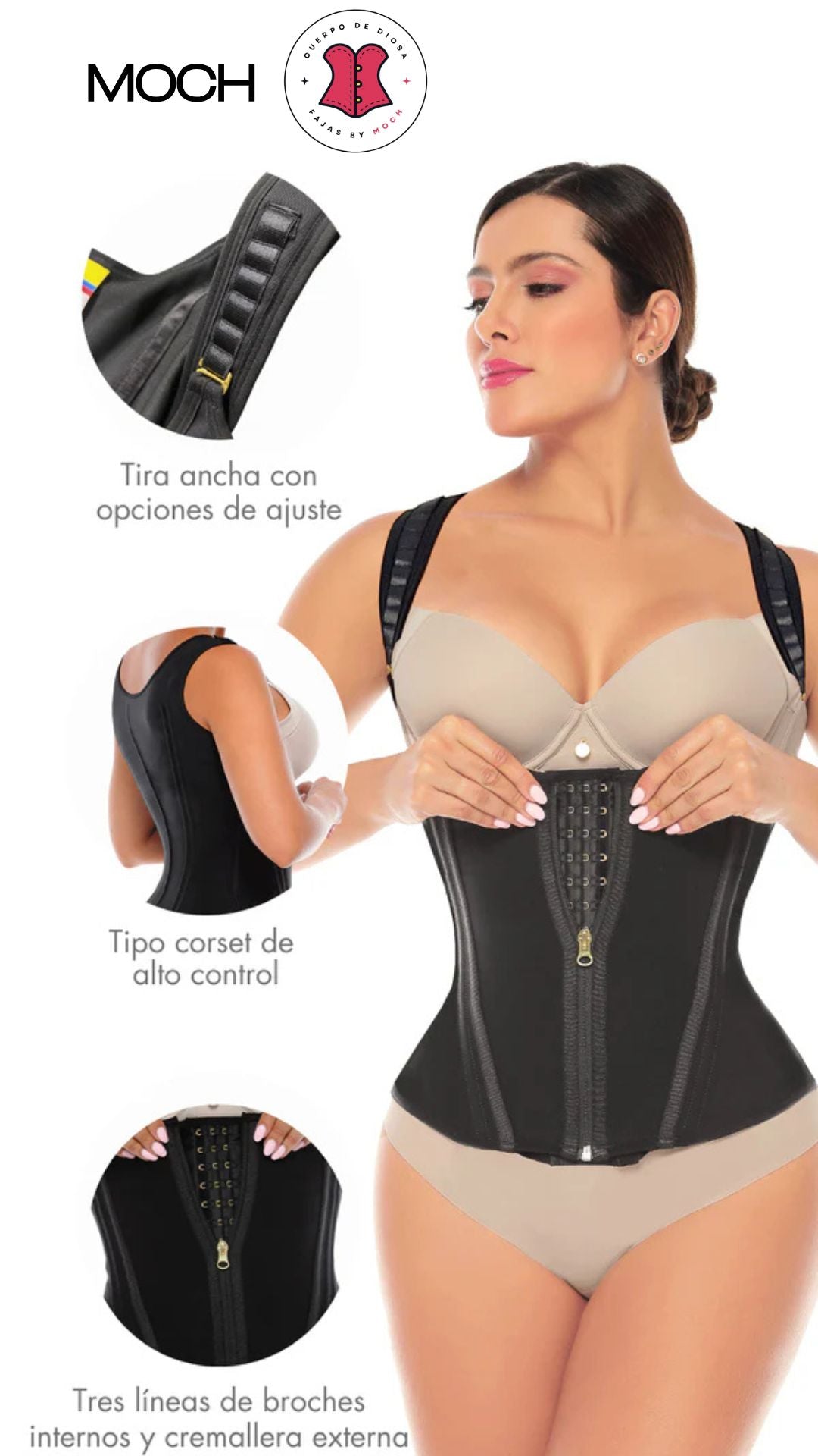 Corset Cristina – Chaleco Cinturilla de Avispa con Tres Líneas de Broches y Cremallera